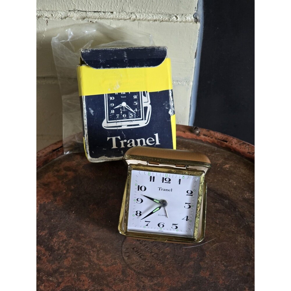Tranel Japan Travel Alarm Clock Working Vintage Brown Leather Case. Box And...